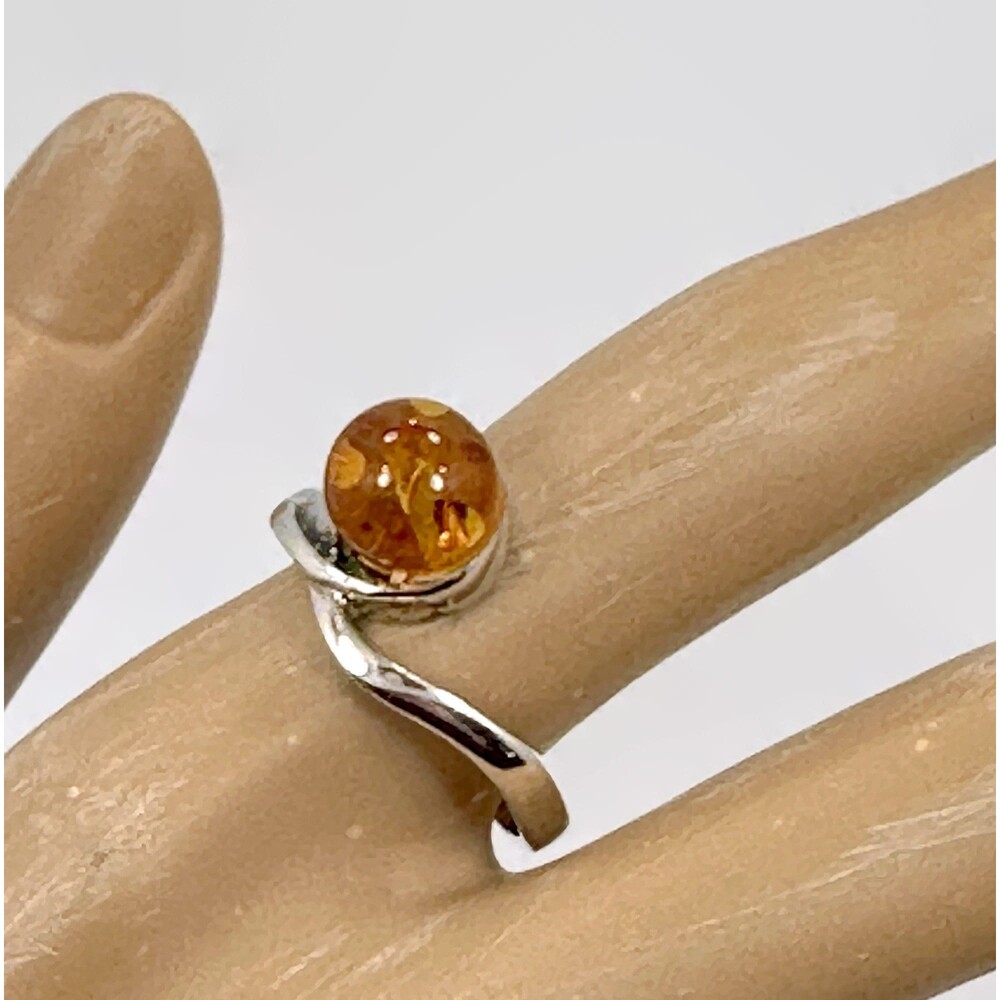 Vintage Honey Amber Ring: Sterling Silver Orb, Size 7.5